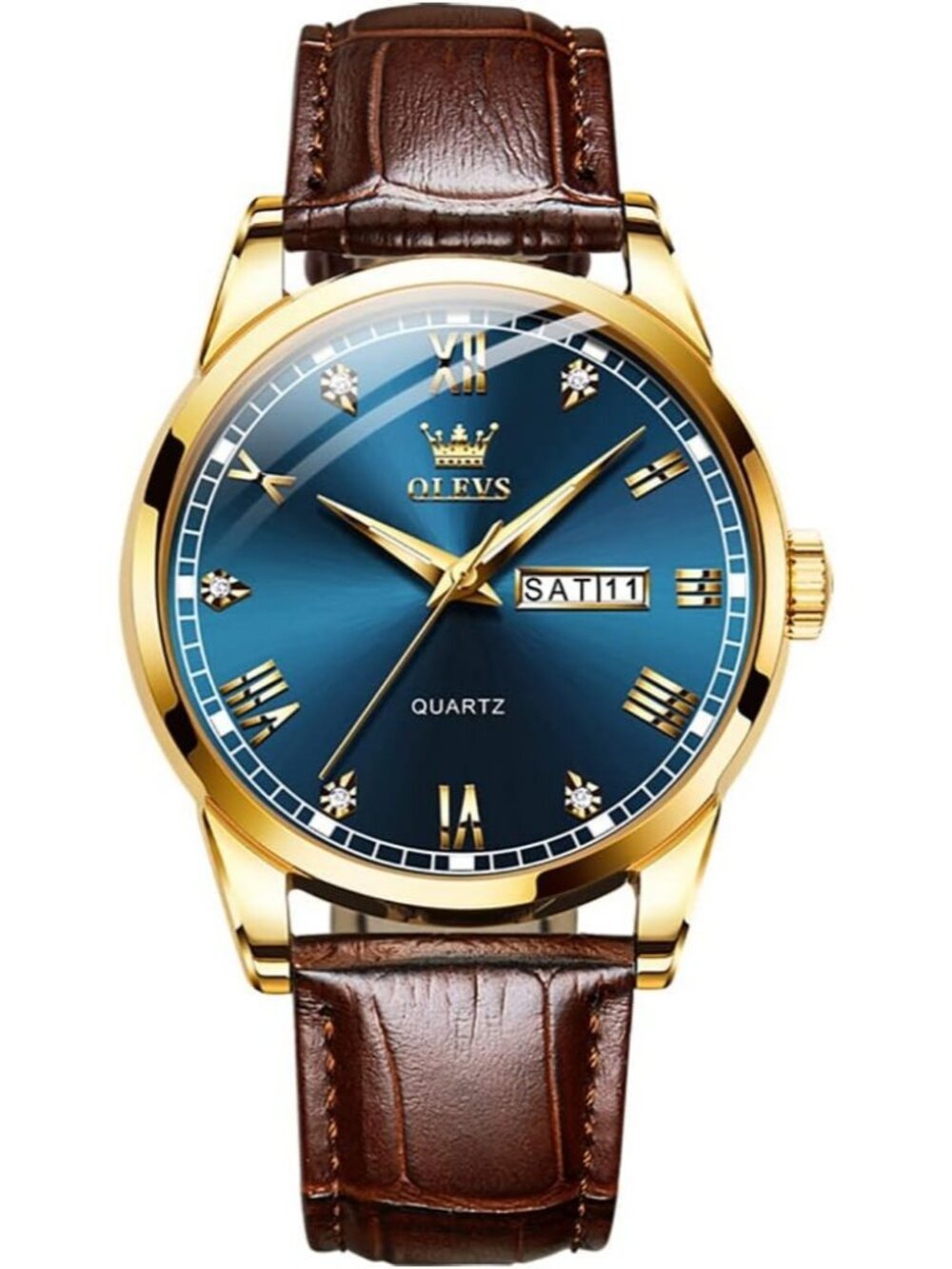 Men's Blue Fashion Quartz Leather Brown Buckle Waterproof Luminous Round Watch